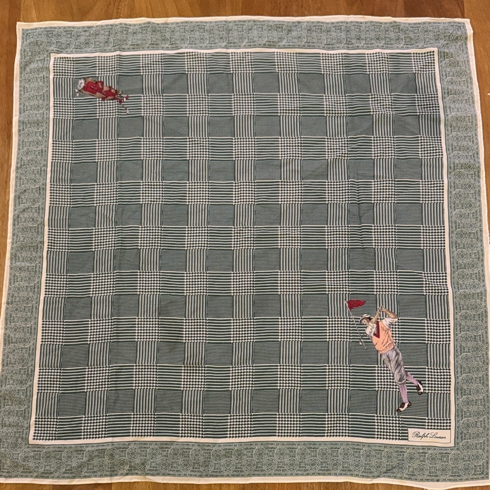 Vintage Ralph Lauren Green Plaid Scarf with Golf Motif